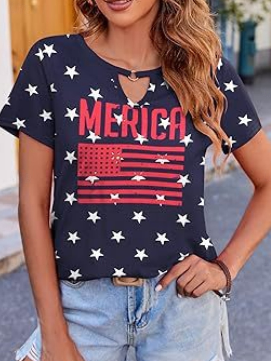 Vrouwen Blouse Vlag Stijlvol Casual Korte Mouw Crewneck Regelmatige Tops Dagelijks Print Zwart Rood Marineblauw Zomer 2025 - $19.99 –P15