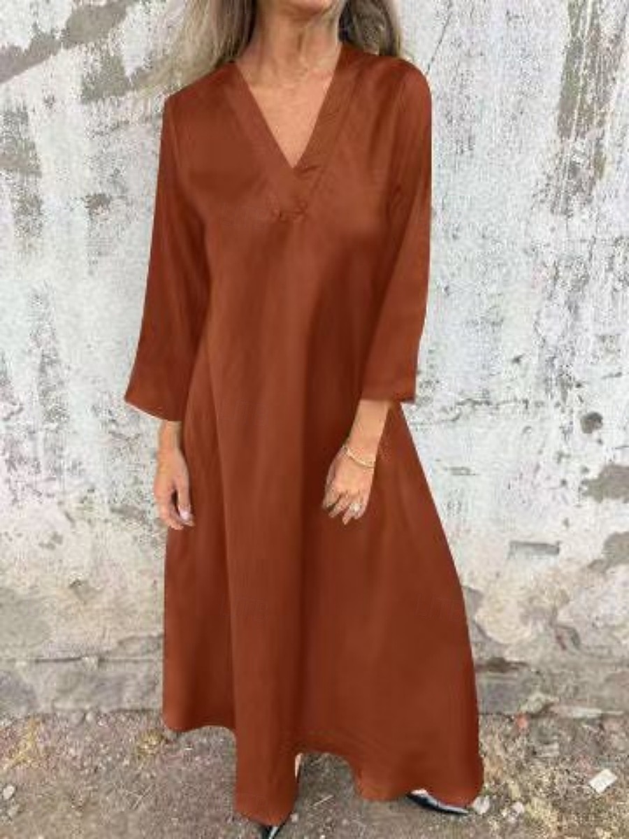 Damen Langes Kleid Maxikleid Kleider mit Leinenstruktur aus Poly-Baumwolle Freizeitkleid Sommerkleid Klassisch Modern Täglich Wochenende Normale Passform Einfach Dreiviertelarm V Ausschnitt Schwarz 2025 - $28.99 –P1