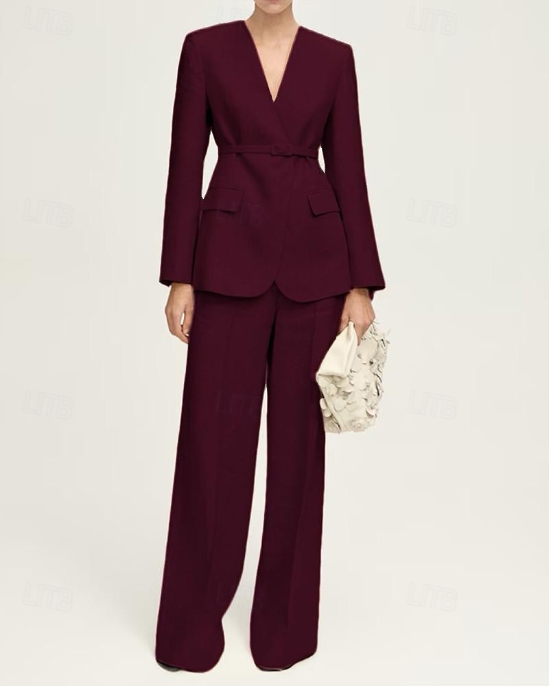 Blazer sans col ensemble deux pièces combinaison lin mélangé mère de la mariée combinaison élégante simple minimaliste en V longueur de sol manches longues avec couleur unie de 2025 ? $189.99 –P6