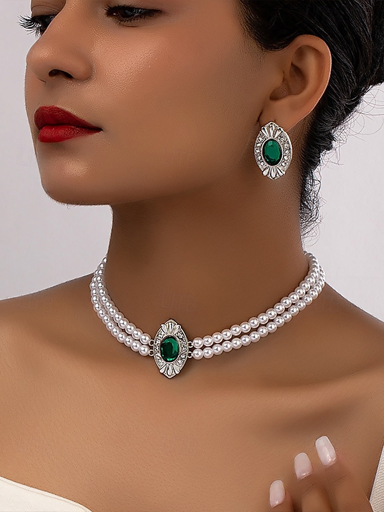 Set colier și cercei vintage pentru femei, cu perle – bijuterii elegante din mărgele duble și accente ovale aurii pentru doamne, ideale pentru nunți, petreceri și ocazii formale 2025 - $14.99 –P1
