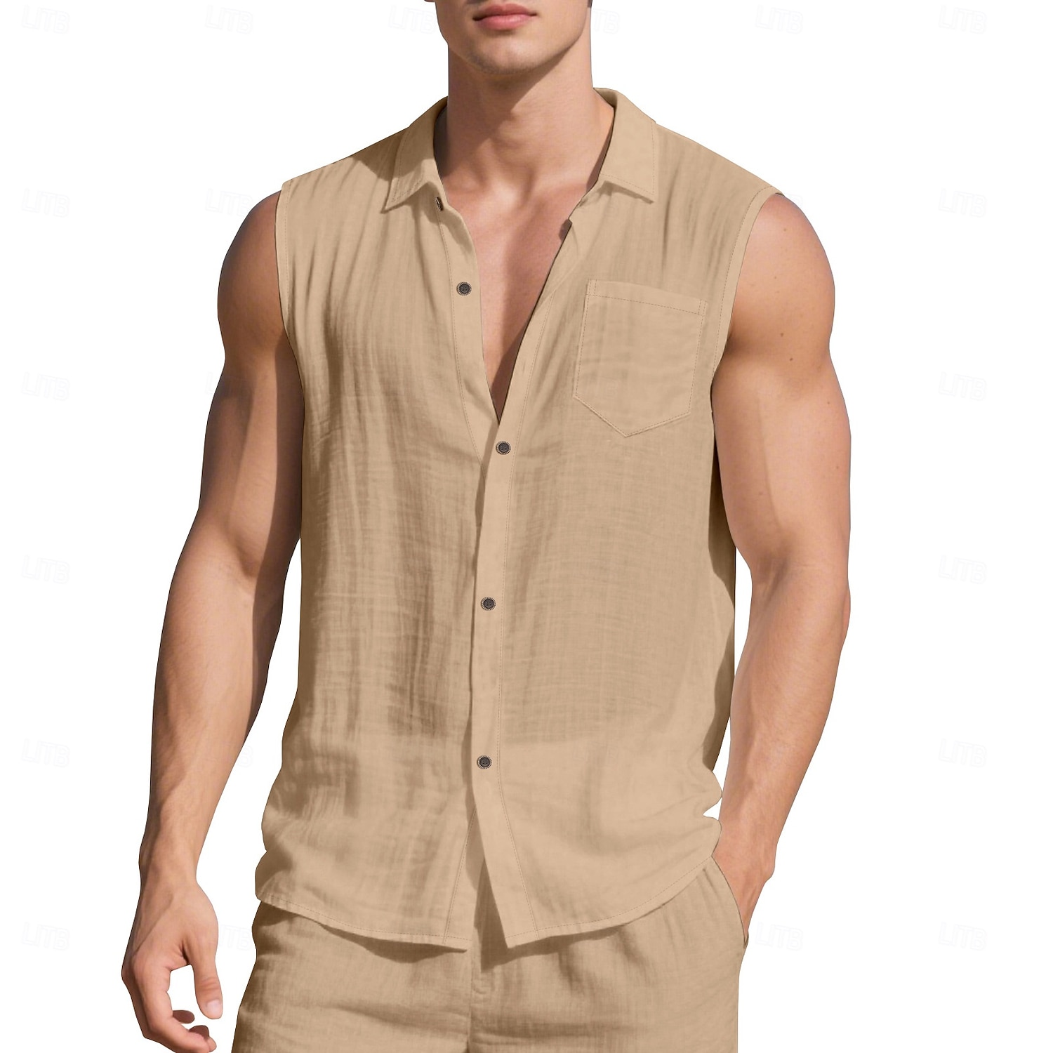 Men's Shirt Linen Shirt Summer Shirt Beach Wear Sleeveless Shirt Solid Color Vacation Street Black White Green Khaki Sleeveless Shirt Collar Summer Spring Clothing Apparel Pocket 2026 - $21.99 –P16