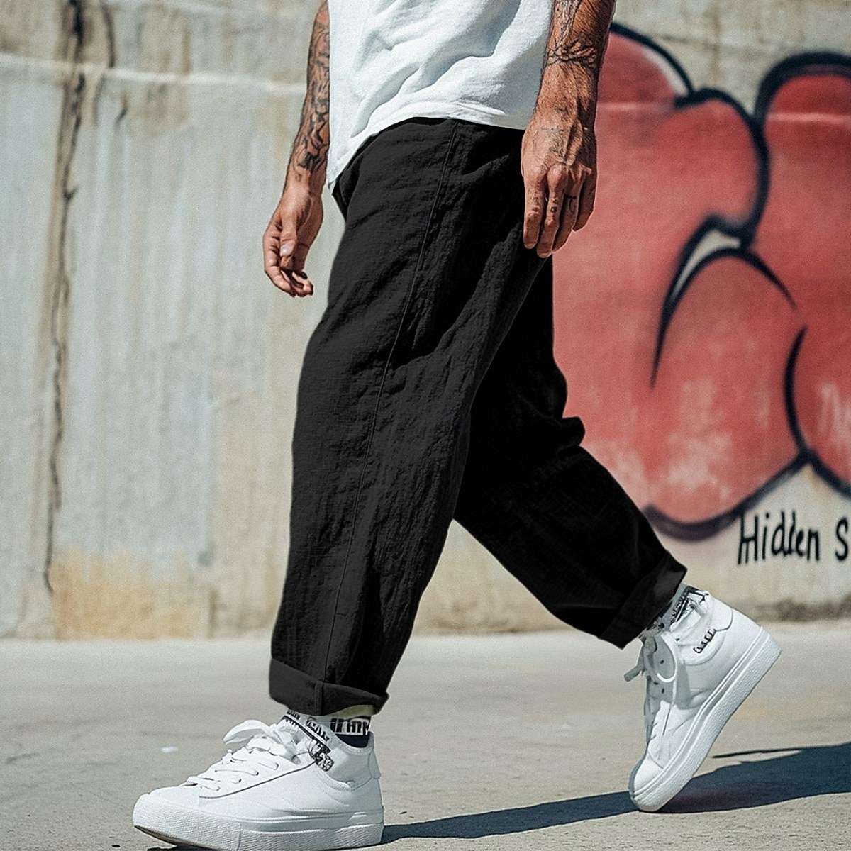 Men's Linen Pants Trousers Summer Pants Baggy Pants Beach Pants Drawstring Elastic Waist Straight Leg Plain Comfort Breathable Full Length Casual Daily Holiday Vacation Fashion Black White 2025 - $20.99 –P10