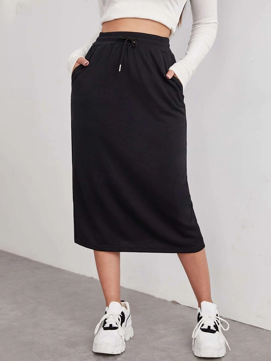 Ženská sukně jednobarevná módní casual maxi sukně s vysokým pasem jednoduše kapsa elastická street denní černá šedá léto polyester 2025 - $17.99 –P8