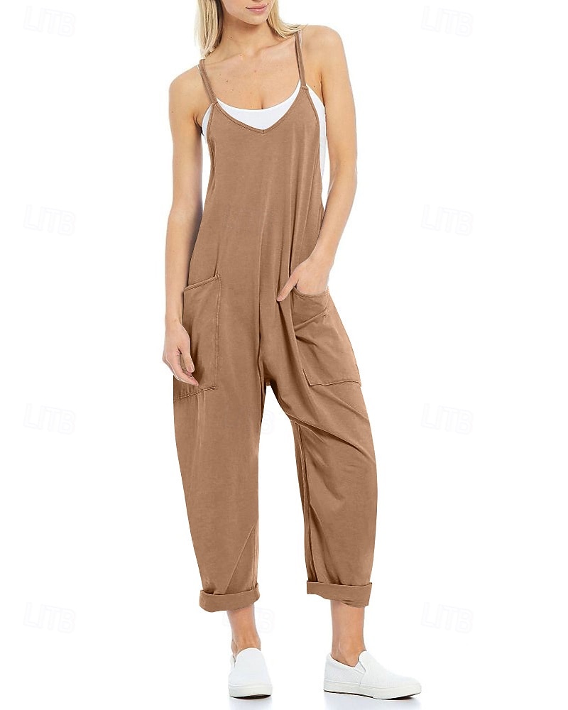 Femmes Normal Combinaison Occasionnel Couleur Unie Sans manches Col en V Avec Poches Sortir Week-end Coupe régulière Noir Vert Claire Vert Véronèse Été de 2025 ? $23.99 –P13