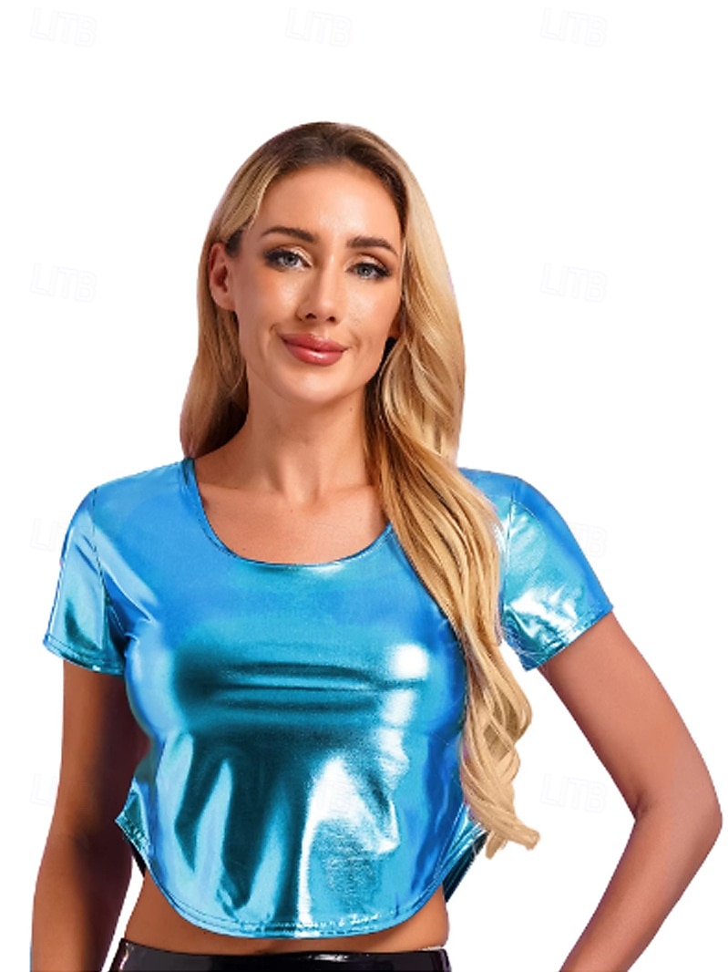 Retro 80. léta Trička Krátký top Disko Lesklý latexový patent Kov Maškarní kostým Dámské předvečer Všech svatých Karneval hudební festival Pride Parade Měsíc hrdosti Dospělé Tričko Léto 2025 - $22.99 –P12
