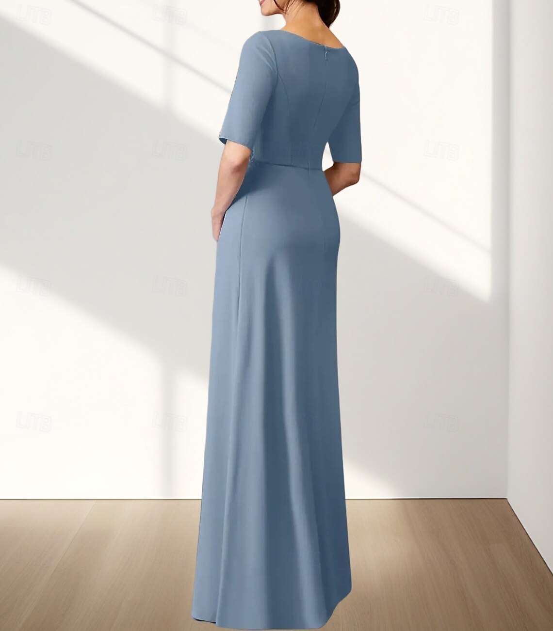 A-Linie Brautmutterkleid Hochzeitsgast Elegant Rundhalsausschnitt Bodenlang Chiffon Stretchstoff Halbarm mit Applikationen Raffung 2025 2025 - $157.99 –P3