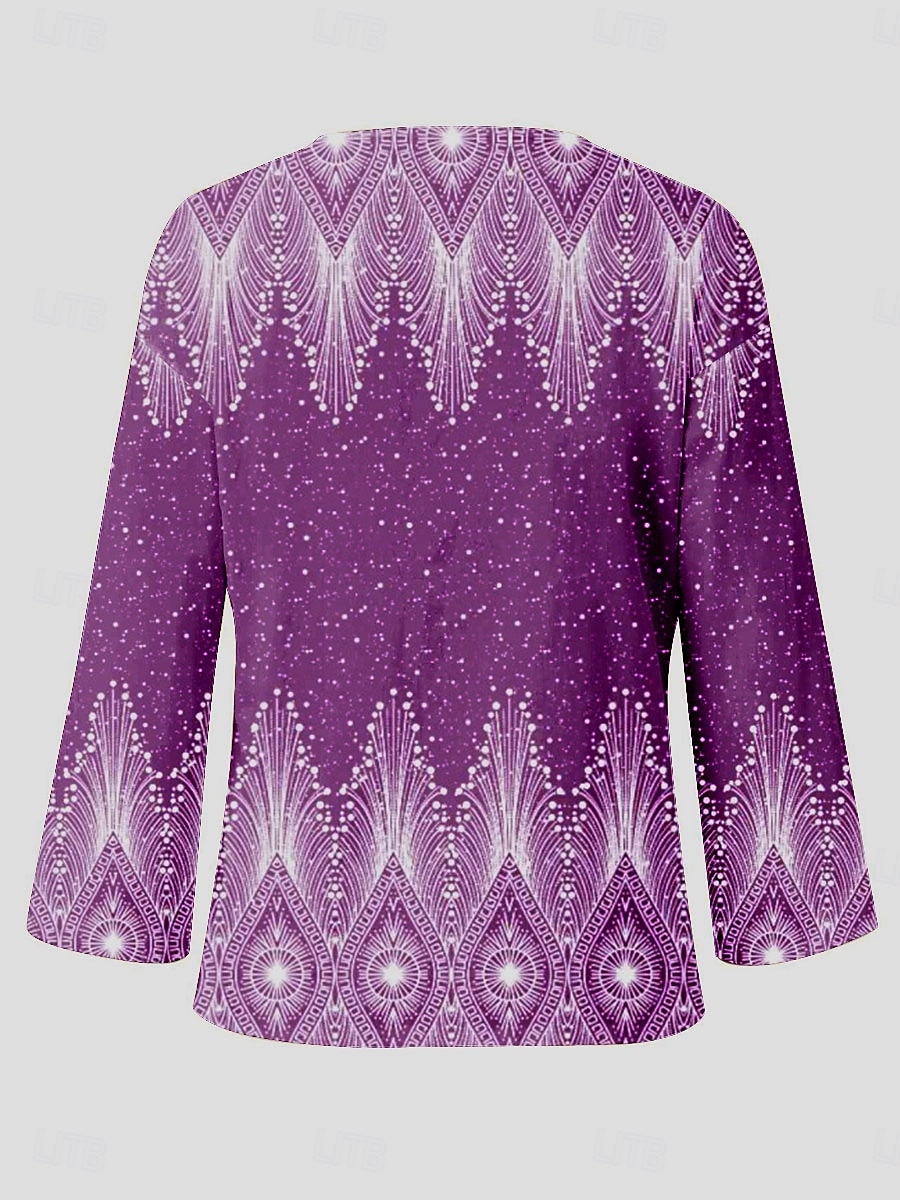 Dame Bluse Grafisk Geometrisk Årgang Tropisk Stilfull Langermet V-hals Vanlige topper Daglig Blå Lilla Grønn Grå Sommer Vår 2025 - $24.99 –P2