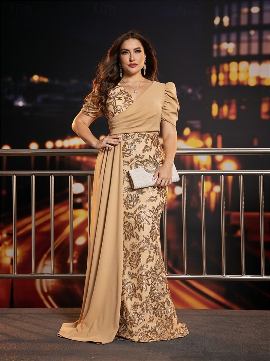 Meerjungfrau Trompete Plus Size Kleider Elegantes Kurvenkleid Formelles Hochzeitskleid Bodenlang Kurzarm V-Ausschnitt Pailletten mit Pailletten 2025 2025 - $169.99 –P9