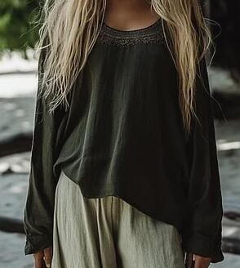 Femmes Chemises en coton et lin Chemisier occidental Uni Bohème ancien Boho manche longue Col ras du cou Hauts Réguliers Quotidien Fête Patchwork Vert Véronèse Été de 2025 ? $21.99 –P3