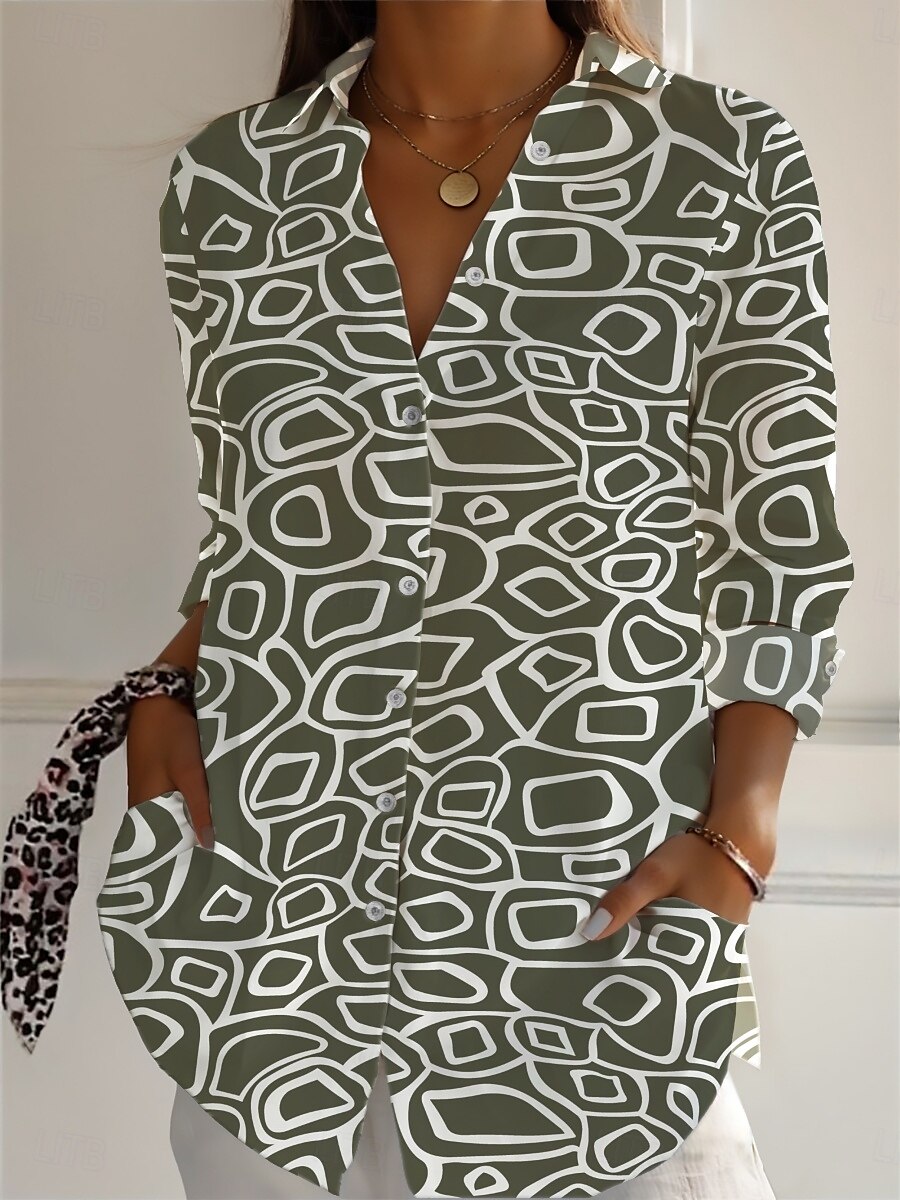 Femmes Chemises en coton et lin Géométrique Quotidien Occasionnel Manche 3/4 Col de chemise Hauts Réguliers Quotidien Fête Boutons Imprimé Noir Blanche Marron Vert Été de 2025 ? AU $30.79 –P5