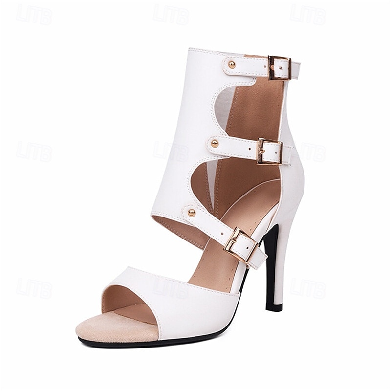 Women's White Stiletto Heel Sandals with Cutout Design and Buckle Straps, Elegant Peep Toe High Heels for Parties, Evening Events, and Chic Night Out Looks 2025 - $54.99 –P6