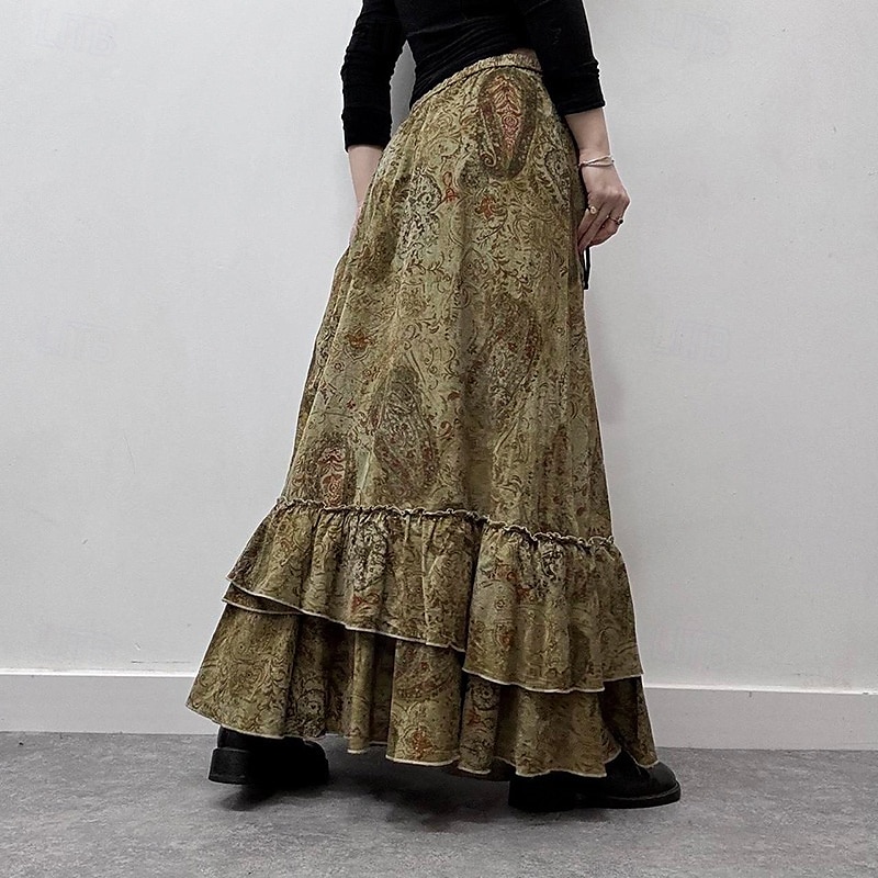 Damen Rock Rüschenrock Mode Boho Maxi Mittlere Hüfthöhe Röcke Blumen Rüsche Druck Mikroelastisch Urlaub Straße Braun Sommer Polyester 2025 - $25.99 –P4