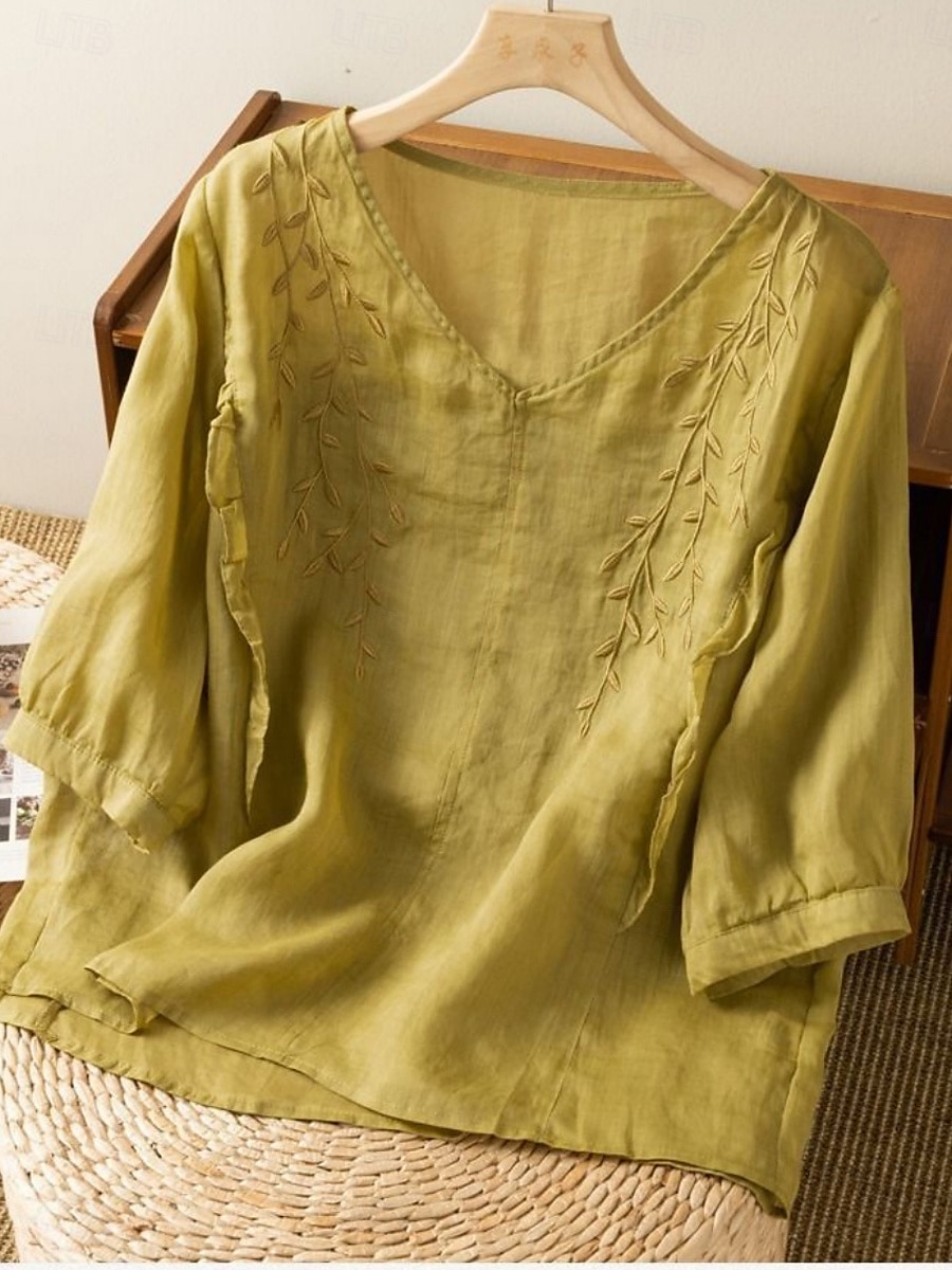 Cămașă de damă din bumbac și in, model floral, simplu, etnic, casual, mânecă 3/4, decolteu în V, croială regulată, topuri, zi de zi, brodat, galben, albastru marin, violet, portocaliu, caisă, vară 2025 - $17.99 –P12