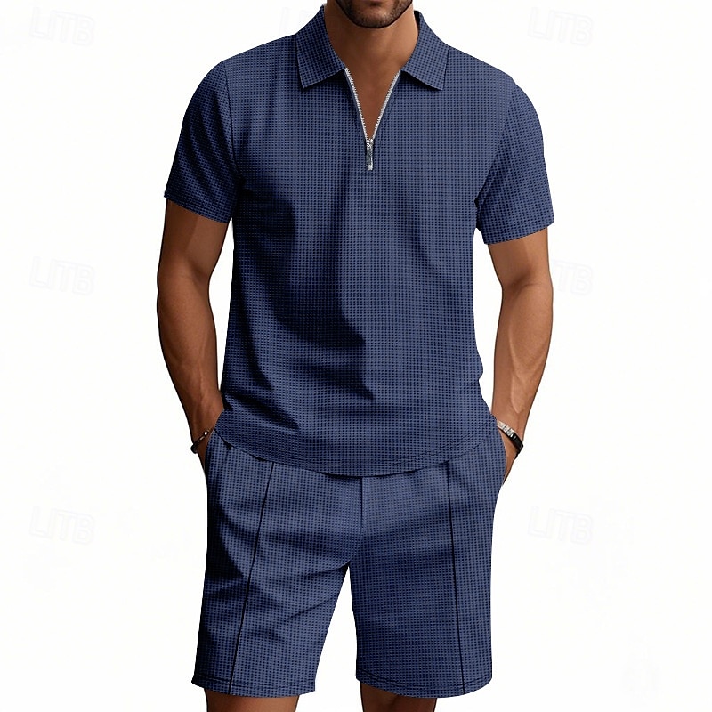 Voor heren Wafel Poloshirts Polo met kwartrits Dagelijks Feestdagen Revers Korte mouw Modieus Basic Effen 2-stuks Zomer Normale pasvorm Zwart Wit Marineblauw Koningsblauw Groen Khaki Wafel Poloshirts 2025 - $26.99 –P17