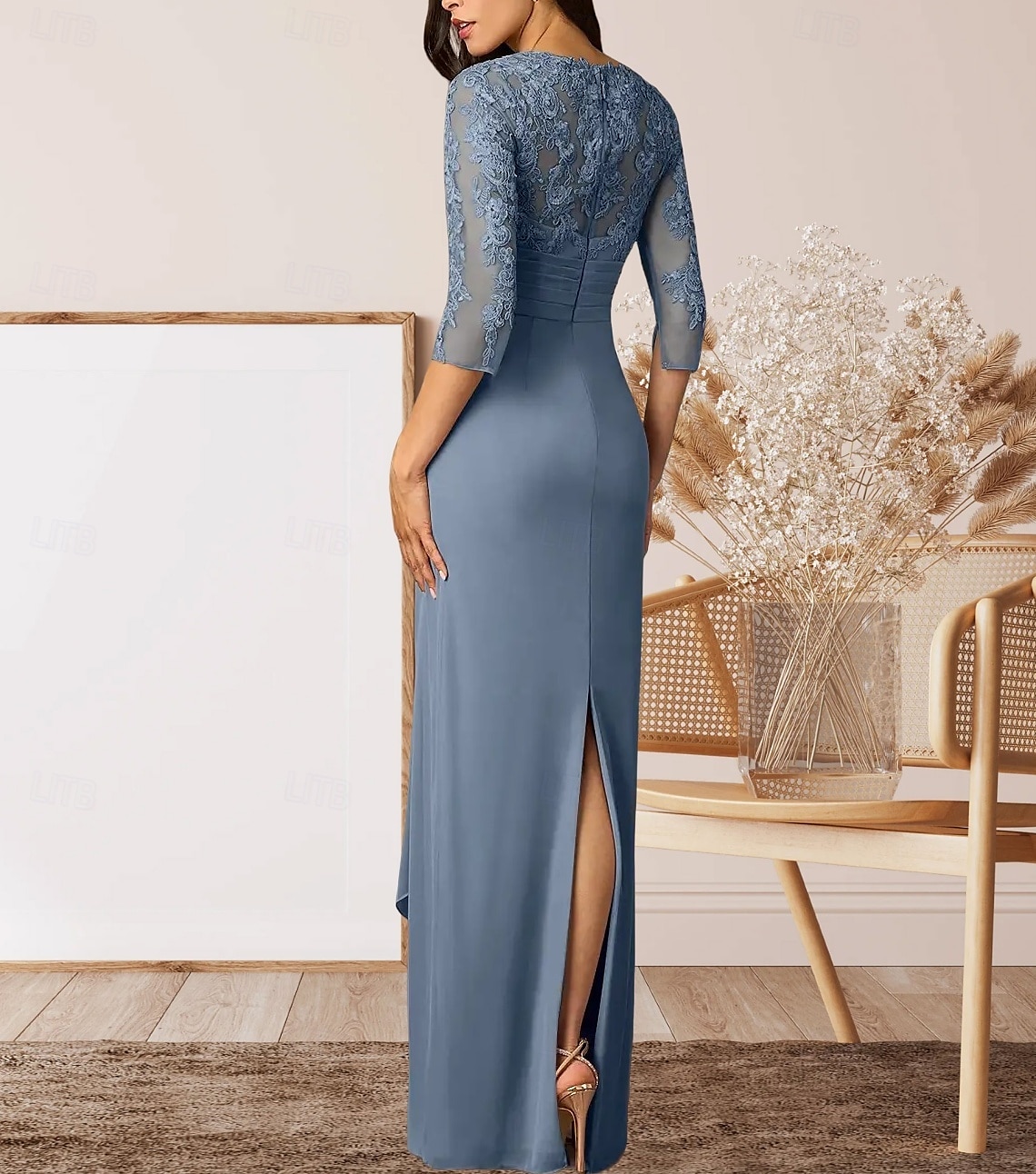 Säule  Kolonne Mutter der Braut Kleid Hochzeitsgast Elegantes Hoher Schlitz V-Ausschnitt Bodenlanges Chiffon 3/4 Länge Ärmel mit Rüschenapplikationen Raffung 2025 - $164.99 –P2