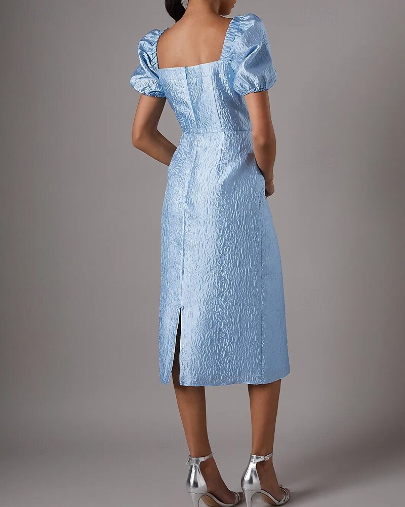 Sky Blue Jacquard Dress Column Cocktail Dresses Midi Dress Formal Semi Formal Wedding Tea Length Short Sleeve Bubble Sleeve Sweetheart Neckline Wedding Guest Dress 2025 - $123.99 –P3