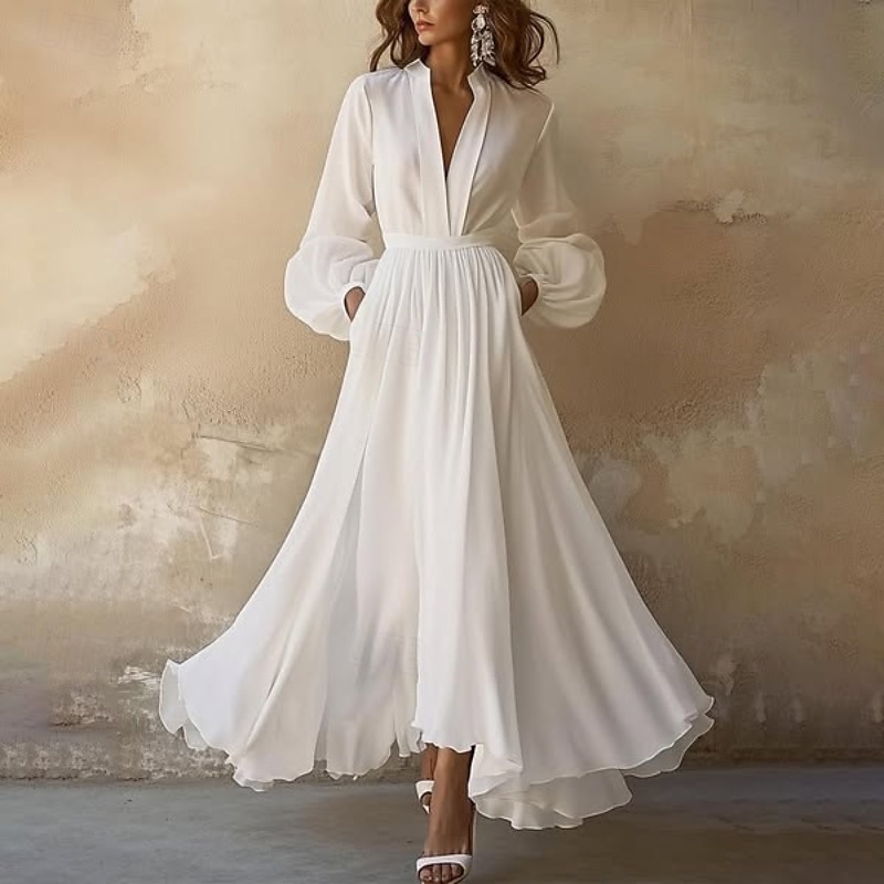 Damen Langes Kleid Maxikleid Weißes Kleid Schwingkleid Mode Outdoor Urlaub Ferien Normale Passform Einfach Langarm V Ausschnitt Weiß Sommer 2025 - $31.99 –P1