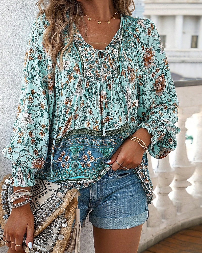 Women's Boho Shirt Blouse Flower Modern Boho Long Sleeve V Neck Regular Tops Daily Going out Print Yellow Pink Navy Blue Blue Orange Summer 2025 - $22.99 –P10