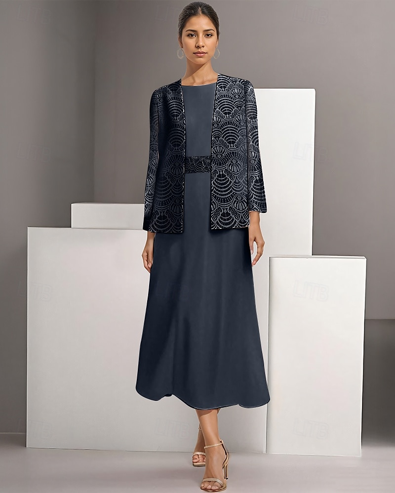 Zweiteiliges A-Linie Mutter der Braut Kleid Elegant Einfach Lässig Bootsausschnitt Knöchellang Chiffon Lange Ärmel mit Spitze 2025 - $132.99 –P4