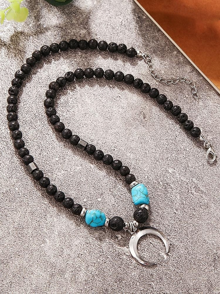 Men's Lava Rock Beaded Necklace with Turquoise and Crescent Moon Pendant - Boho Style, Adjustable Length, Unisex for Casual Wear, Outdoor and Daily Use 2025 - $9.99 –P5