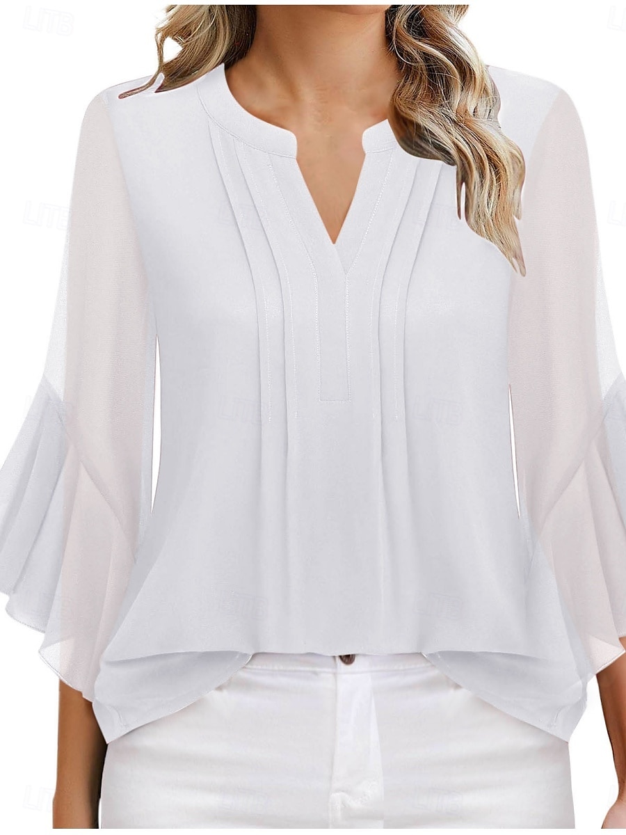 Femmes Chemise Couleur Unie Fleuri Élégant Occasionnel Manche 3/4 Col en V Hauts Réguliers Quotidien A Volants Imprimé Blanche Rose Claire Rouge Vert Été Printemps de 2025 ? $28.99 –P5