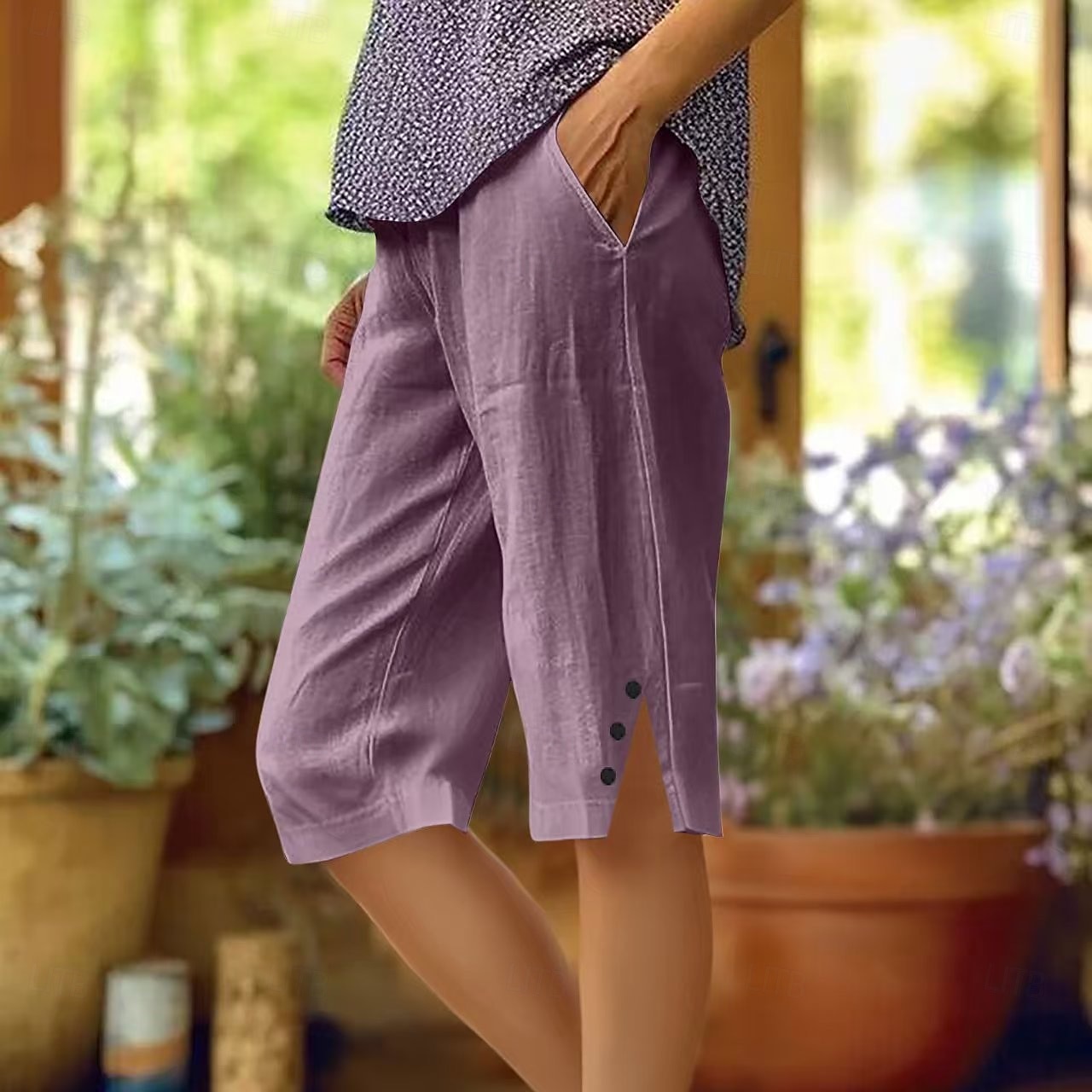 Women's Chinos Vacation Vintage Basic Knee Length High Waist Plain Pocket Elastic Waistband Comfy Soft Comfortable Micro-elastic Formal Vacation Street White Pink Blue Purple Summer Loose Fit 2025 - $17.99 –P2