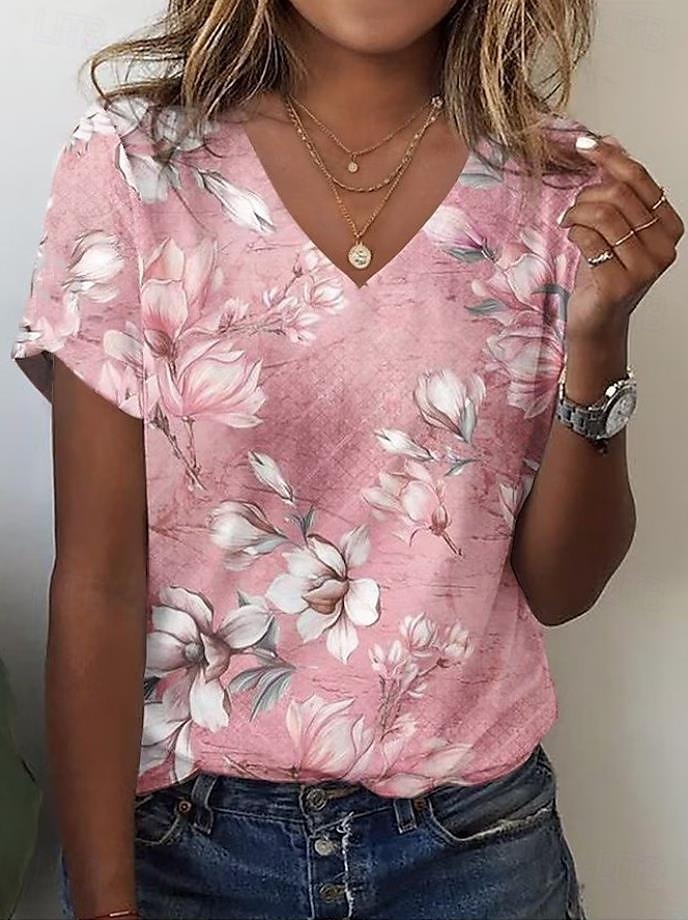 Per donna Maglietta Floreale Grafico Piante Vintage Elegante Casual Manica Corta Scollo a V Top Regolari Quotidiano Stampato Rosa Blu Estate Primavera del 2025 a $19.99 –P2