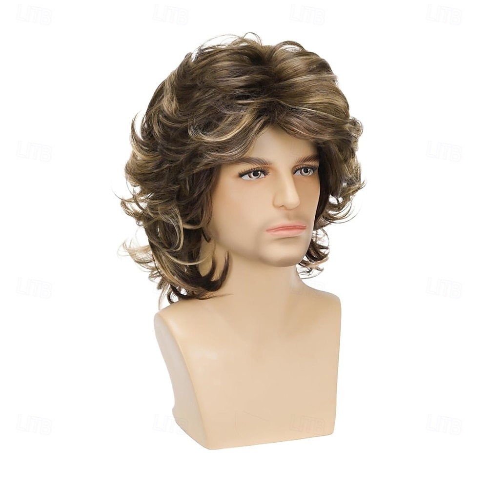 Pánská krátká hnědá paruka mix blond nadýchaná vlnitá vrstvená paruka cosplay rockerská párty halloweenský kostým syntetické vlasy 2025 - $25.99 –P4