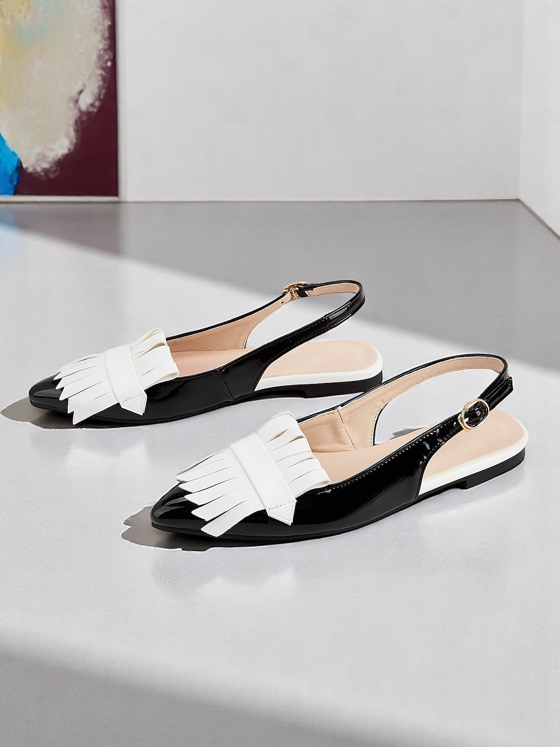 Slingback-Schuhe aus schwarzem Lackleder für Damen – elegantes Glanzfinish mit Fransendetails, perfekt für Business und Freizeit 2025 - $32.99 –P3