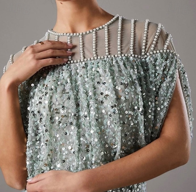 Robe A-Line Mère de la Mariée Mariage Plage Simple Luxueuse Col Ronde Robe Invité de Mariage Longueur Thé Midi Longueur Dentelle Sequins Manches Courtes avec Perles de 2025 ? $159.99 –P2