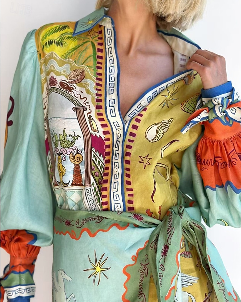 Femmes Mini Robe Robes en coton et lin Robe Décontractée Mode Extérieur Soirée Fête Coupe régulière Animal manche longue Col de chemise Vert Été de 2025 ? $46.99 –P3