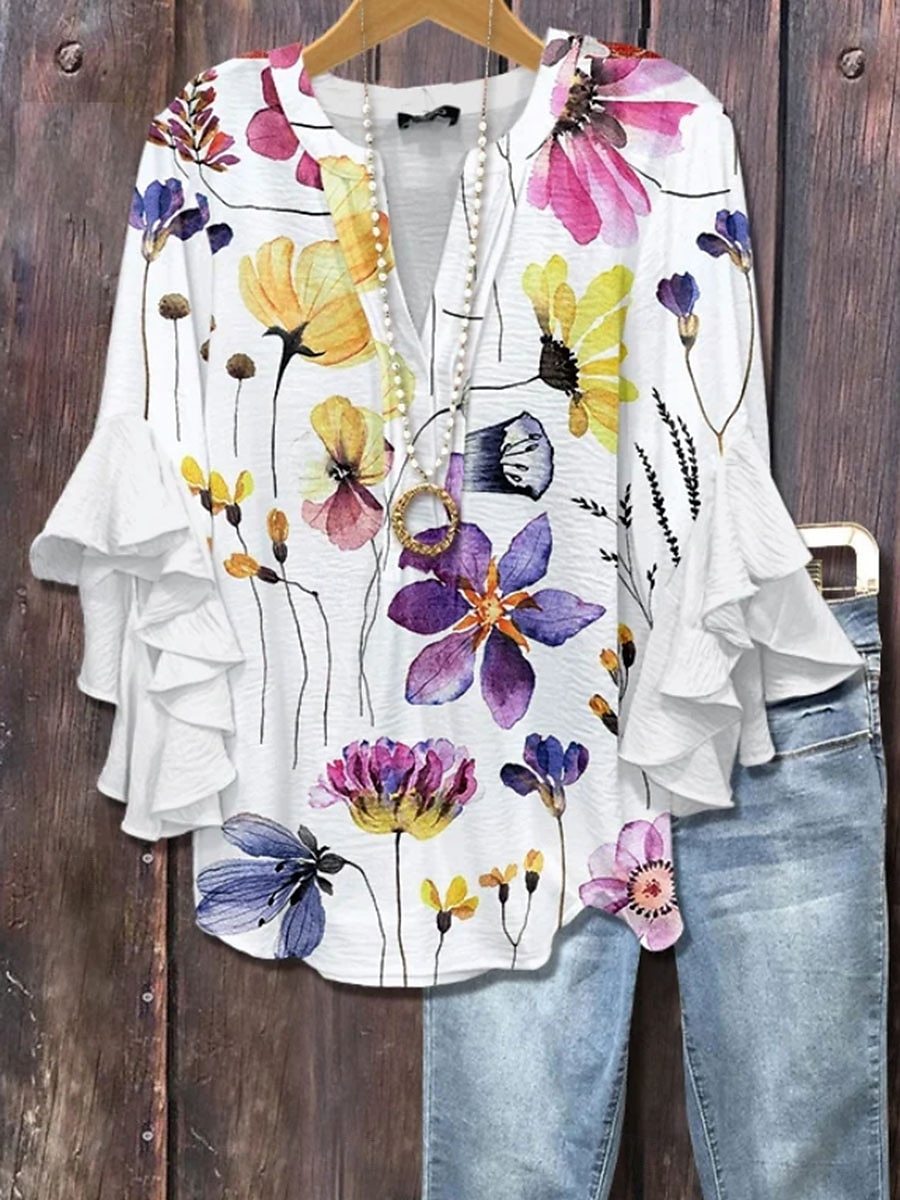 Women's Blouse V Neck Layered Ruffle Sleeve Tops Floral Graphic Vintage Daily Ethnic 3/4 Length Sleeve Regular Tops Daily Holiday Vacation Wear Print Pink Blue Purple Summer Spring 2026 - $32.99 –P3
