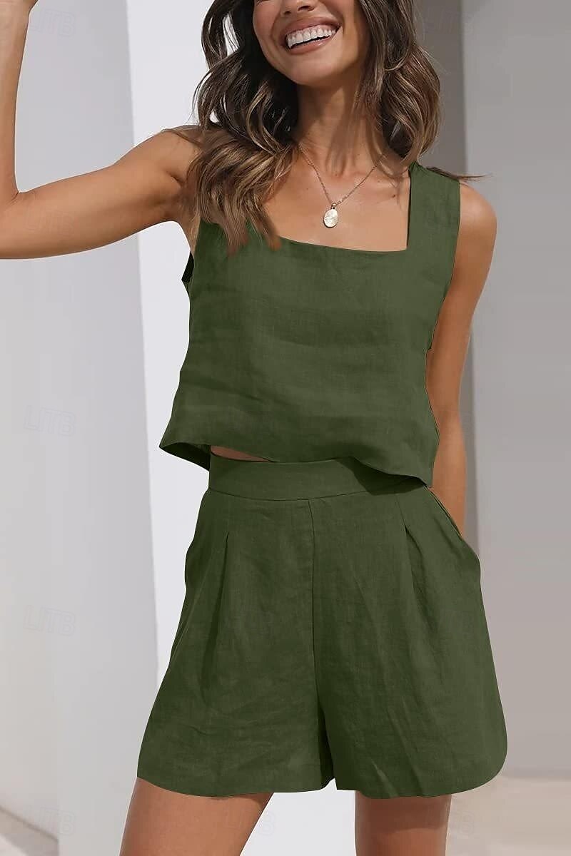Femmes Actif Basique Ensembles en coton et lin Sans manches Col carré Couleur Unie Décontracté Quotidien Noir Rose Claire Vert Véronèse Été Coupe régulière de 2025 ? $25.99 –P2