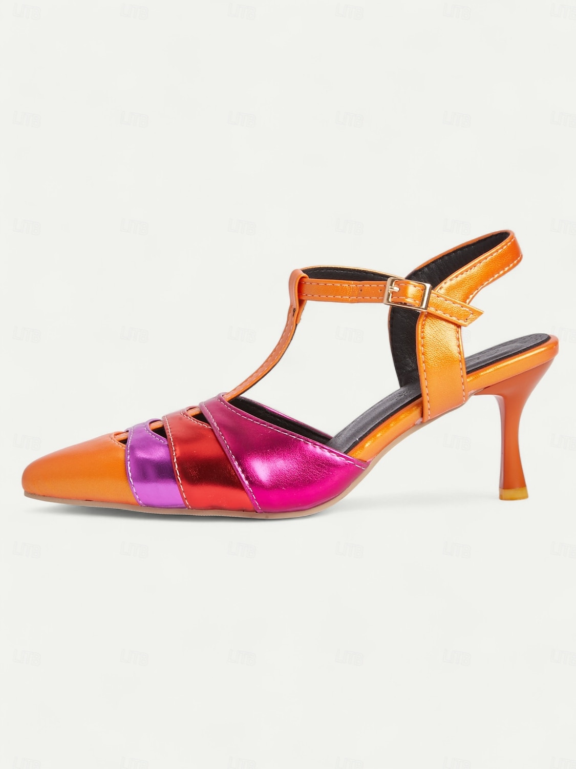 scarpe con tacco a T metallizzate arancioni e fucsia da donna – décolleté a punta colorblock in stile kitten retrò per feste danzanti, discoteche ed eventi vintage anni '70 del 2026 a $46.99 –P4