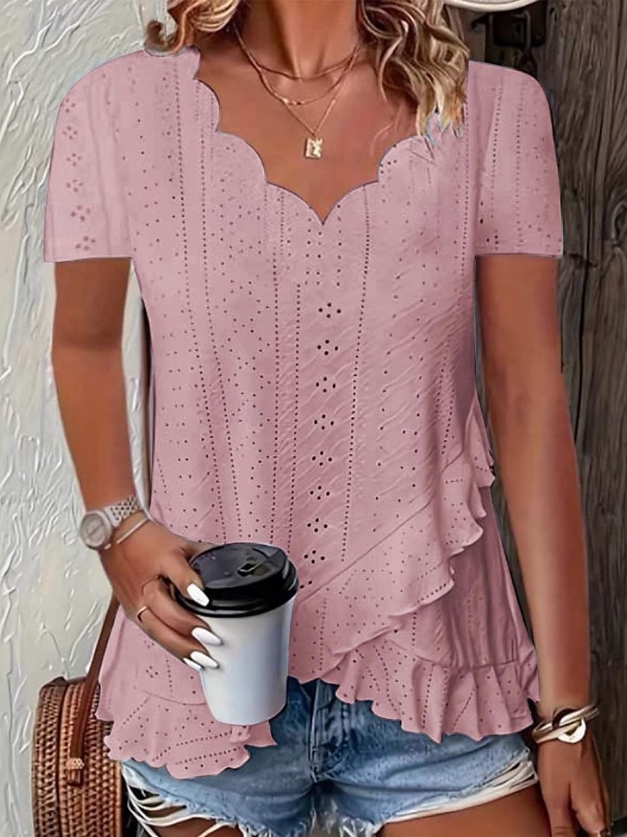 Femmes Chemisier A Volants Œillet Couleur Unie Élégant Occasionnel Manche Courte Col en V Hauts Réguliers Quotidien Bleu Blanche Jaune Rose Claire Vert Été de 2026 ? $24.99 –P3