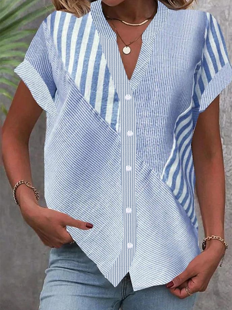 Blouse Femme Col V Boutonnée Blouse Graphique Rayée Vintage Quotidienne Stylée Manches Courtes Col Notched Tops Réguliers Quotidien Imprimé Boutons Bleu Marron Été Printemps de 2025 ? $29.99 –P1