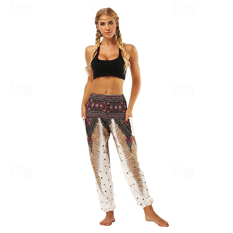 Retro Antiguo Boho Años 70 Pantalones Harem Pantalones de yoga Hippie Cintura elástica Pavo real Plumas Mujer Víspera de Todos los Santos Carnaval vacaciones en la playa Fiesta temática retro Festival 2025 - $27.99 –P8