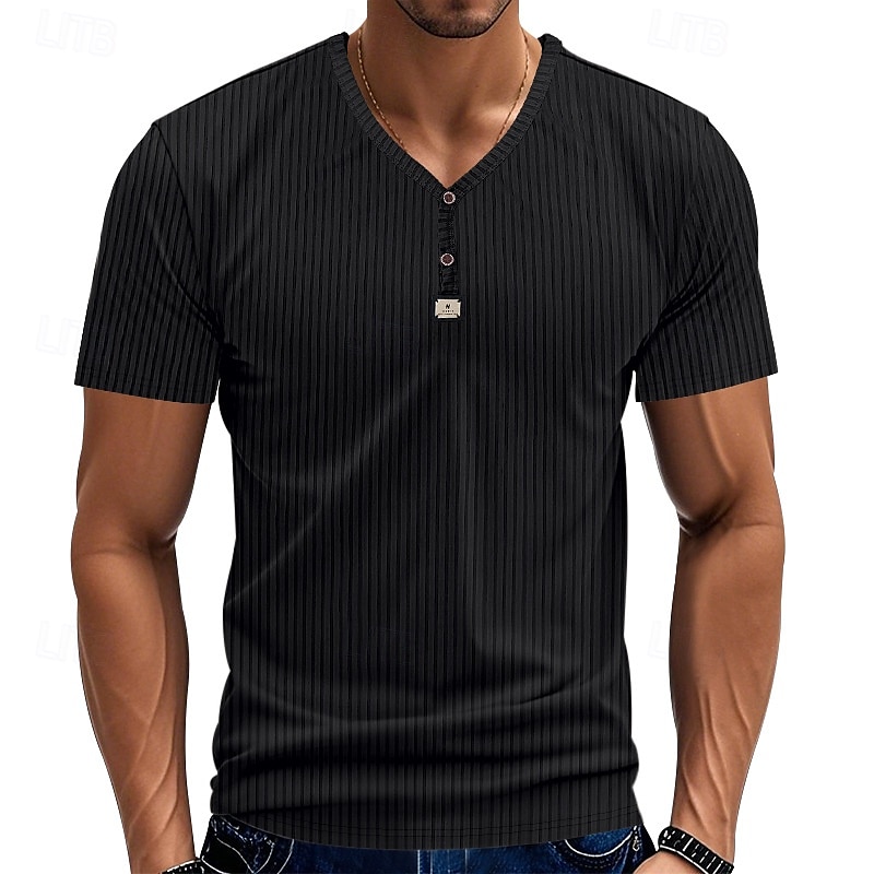 Men's T Shirt Henley Shirt Tee Short Sleeve Shirt Short Sleeve V Neck Summer Plain Fashion Designer Basic Jacquard Vacation Street Going out Black White Khaki Top Tee for Men 2025 - $16.49 –P20