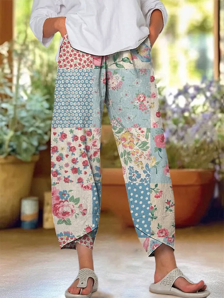 Dame kinesisk Posete bukser Strandshorts Ferie Årgang Etnisk stil Ankel-lengde Høy Midje Blomstret Grafisk Lapper Snorer Printer Hold Varm Pustende Myk Mikroelastisk Formell Feriereise Gate Hvit Rosa 2025 - $20.99 –P1