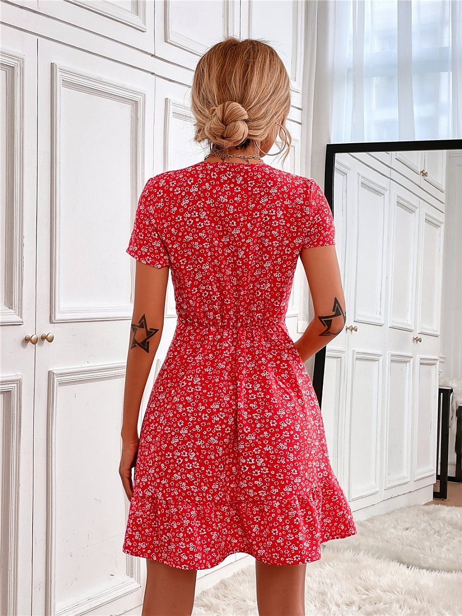 Pentru femei Rochie Mini Rochie A line Casual În aer liber Ieșire Fit standard Floral Manșon scurt În V Negru Roșu-aprins Albastru piscină Caisă Vară 2025 - $21.99 –P14