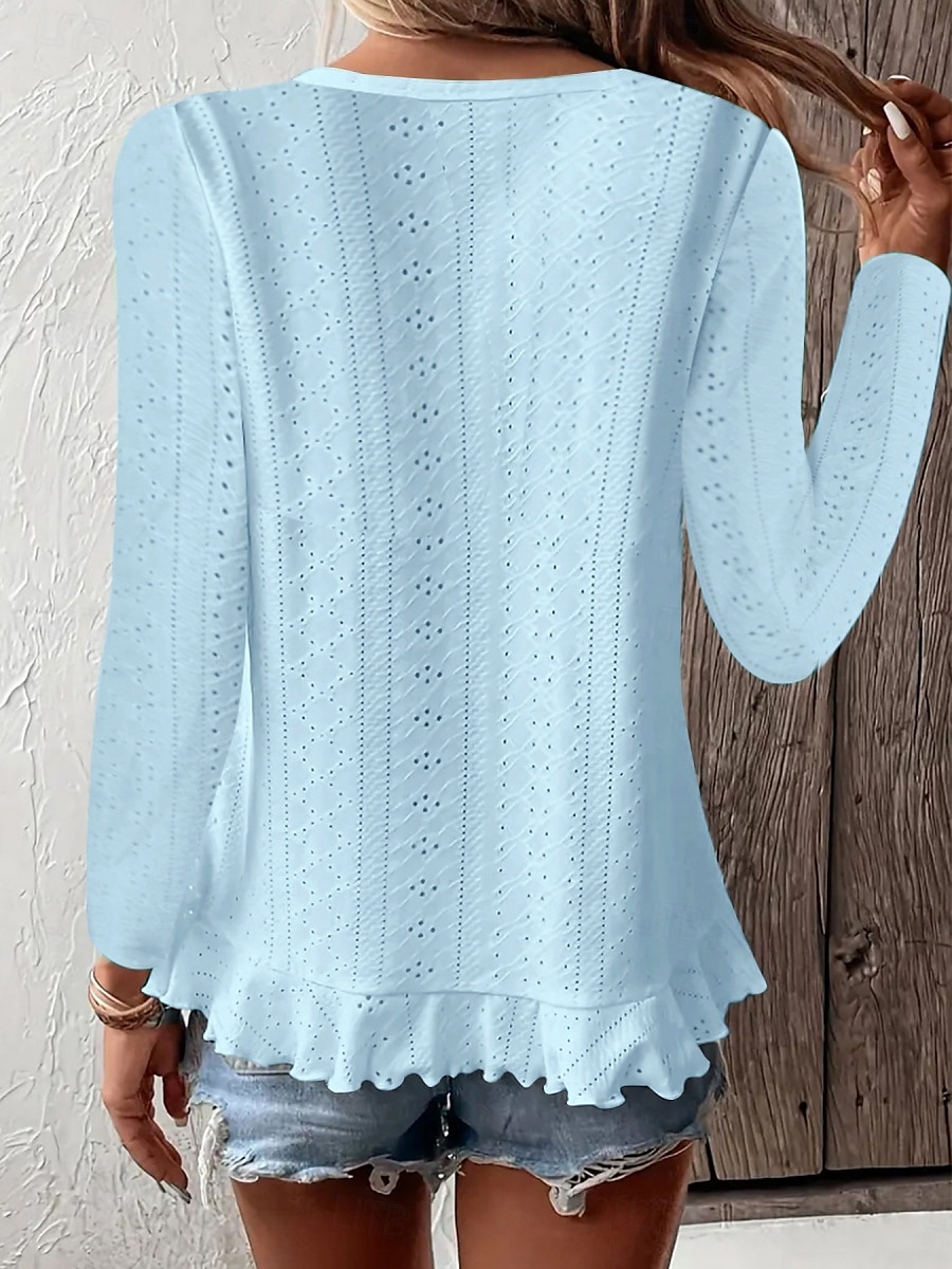 Dame Bluse Helfarge Stilfull Fritid Langermet Crew-hals Vanlige topper Daglig Drapering Snørehull Hvit Gul Blå Grønn Sommer Vår 2025 - $17.99 –P6