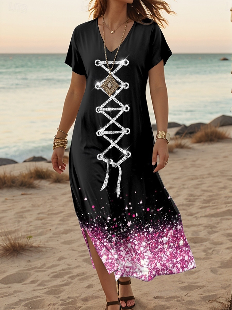 Damskie Sukienka midi Sukienka t-shirtowa Sukienka letnia Sukienka A line Urlop Codzienny Boho Na zewnątrz Impreza Wyjściowe Luźny / a Ombre Graficzny Abstrakcja Krótki rękaw W serek Rumiany róż Lato 2025 - $28.99 –P1
