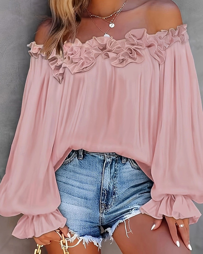 Dam Skjorta Blus Konstbomullslinne Volang Öppen rygg Slät Modern Ledigt Långärmad Över axeln Vanliga toppar Dagligen Helgdag Utekväll Blå Svart Vit Rodnande Rosa Sommar 2026 - $22.99 –P1
