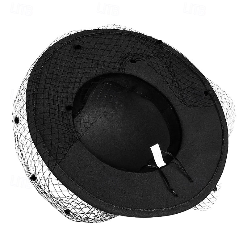 Vintage Fedora Bucket Hat with Removable Mesh Flowers Feathers Elegant Ladies Bowler Hat Winter Warm Wide Brim Church Derby Hat for Wedding Race Banquet 2025 - $23.99 –P4