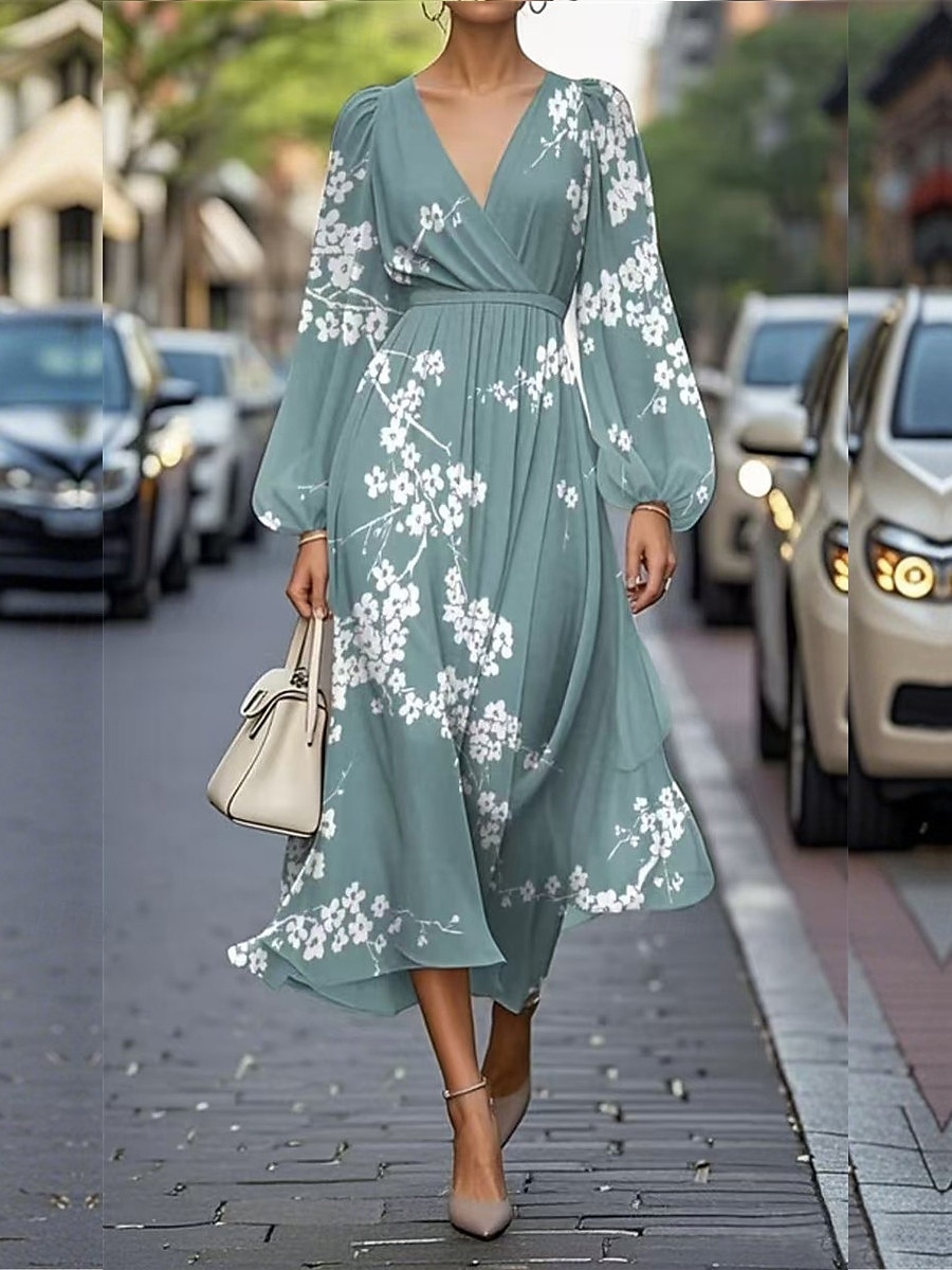 Damskie Sukienka maxi Sukienka A line Codzienny Na zewnątrz Wyjściowe Regularny Kwiaty Graficzny Długi rękaw W serek Niebieski Ciemnozielony Fuksja Zielony Lato 2025 - $39.99 –P2