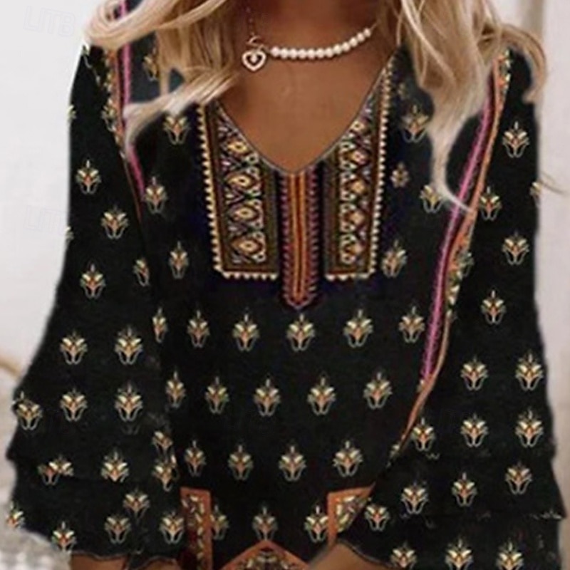 Pentru femei Rochie Mini Rochie casual Rochie de vară Rochie Boho Modă În aer liber Petrecere Concediu Fit regulat Floare Manșon Lung În V Negru Vară Primăvară 2025 - $24.99 –P2
