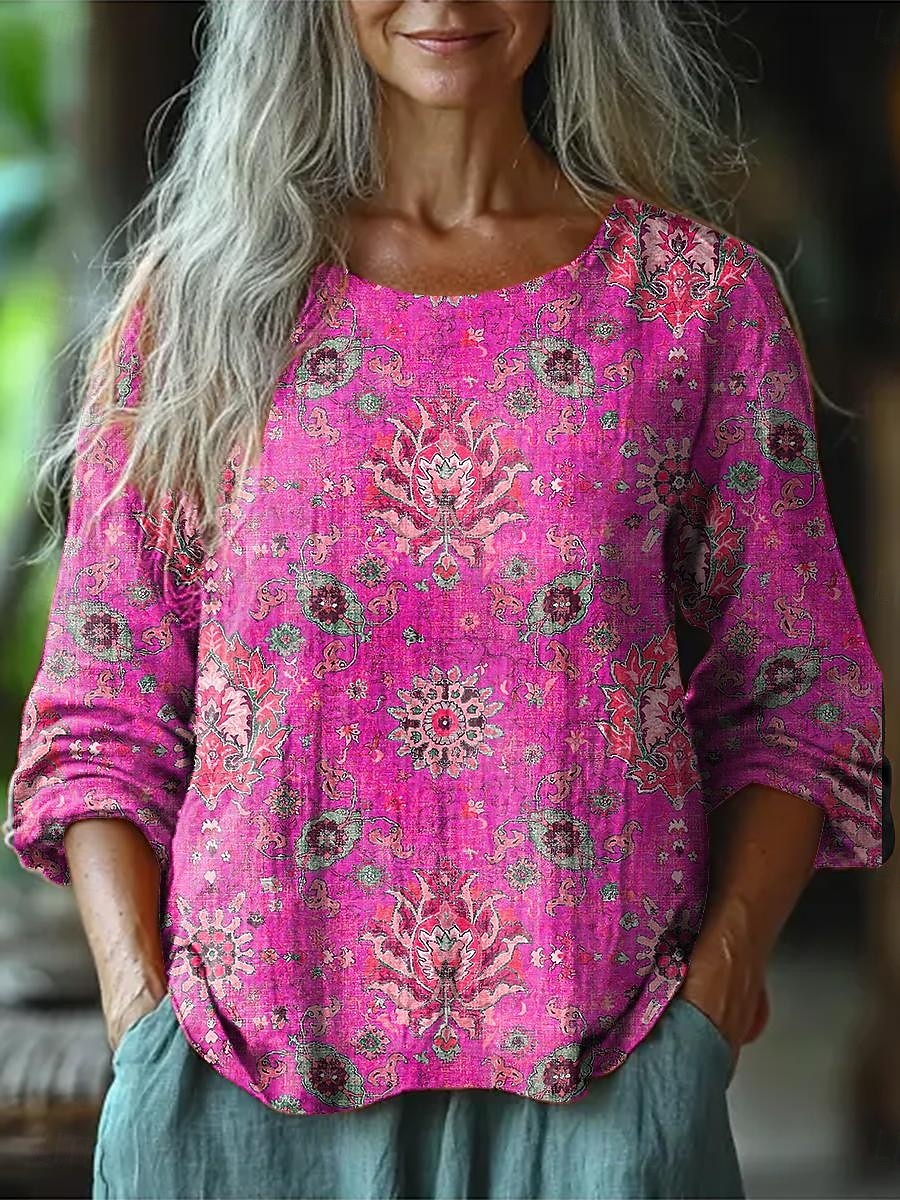 Kvinners Bluse Langermet Blomstermotiv Geometrisk Daglig Casual 3/4 Lengde Ermer Crew Neck Vanlige Topper Daglig Ferie Ferieklær Trykk Gul Rosa Blå Oransje Sommer Vår 2025 - $27.99 –P3