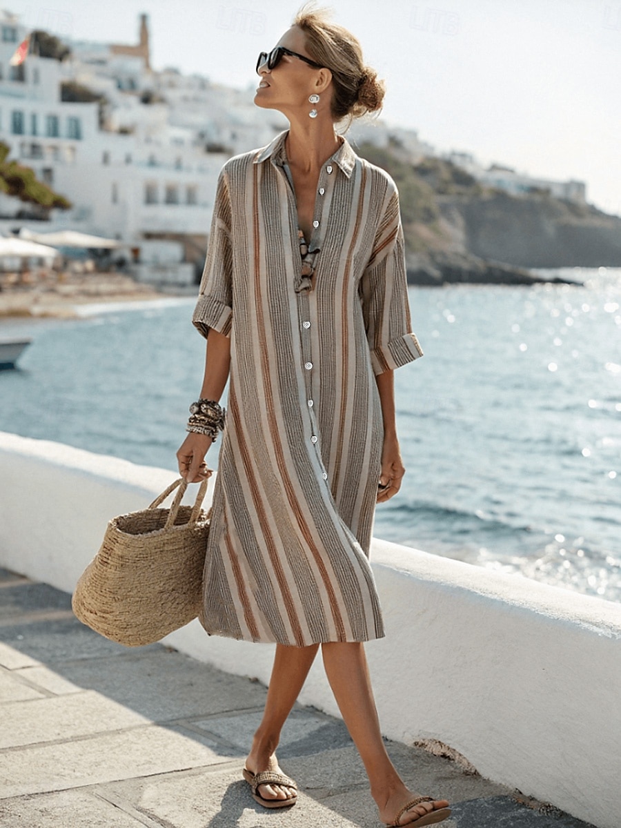 Women's Midi Dress T Shirt Dress Tee Dress Vacation Birthday Casual Outdoor Going out Beach Loose Fit Graphic Stripe Long Sleeve Turndown Khaki Summer Spring 2025 - $41.99 –P1