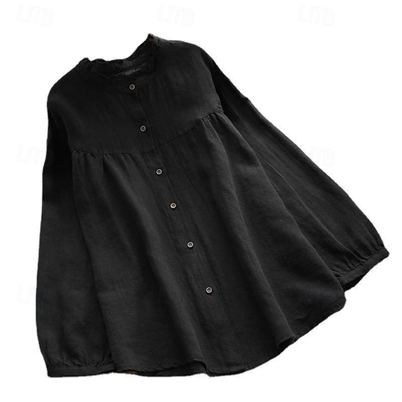 Neujahr Damen Elegante Oberteile Einfach Stilvoll Basic Modern Langarm Bischofsärmel Rundhalsausschnitt Normale Oberteile Arbeit Täglich Clubuniformen Gerafft Knöpfe Tunika Schwarz Purpur Khaki 2025 - $21.99 –P3