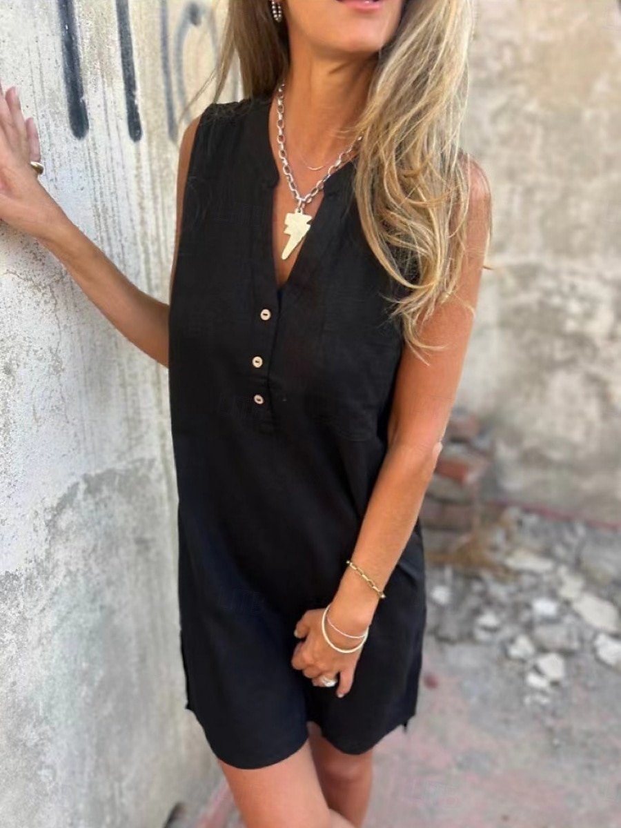 Femmes Mini Robe Robes en polycoton et lin texturé Robe Décontractée Robe débardeur Robe d'été Basique Quotidien Week-end Coupe régulière Uni Sans manches Col en V Noir Blanche Bleu Gris Été de 2025 ? $26.99 –P2